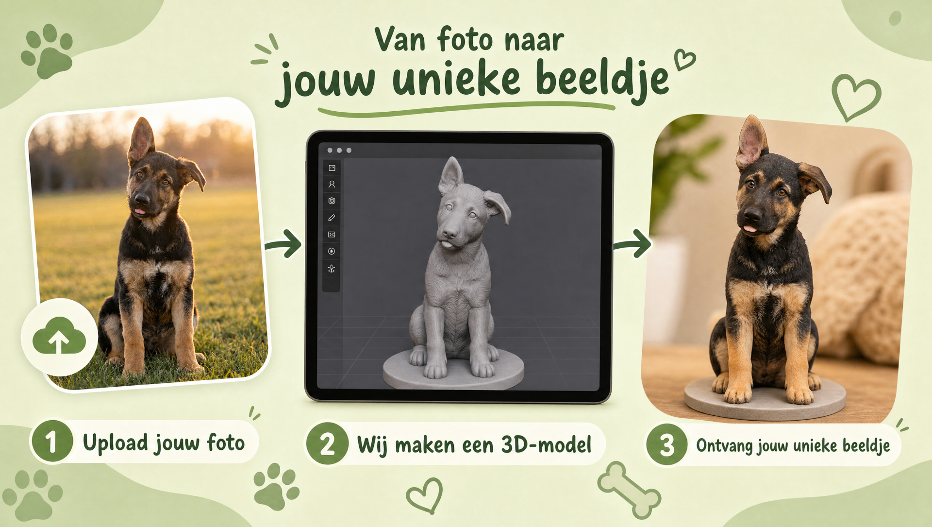 Het proces: van foto op telefoon, naar 3D model op tablet, naar figurine