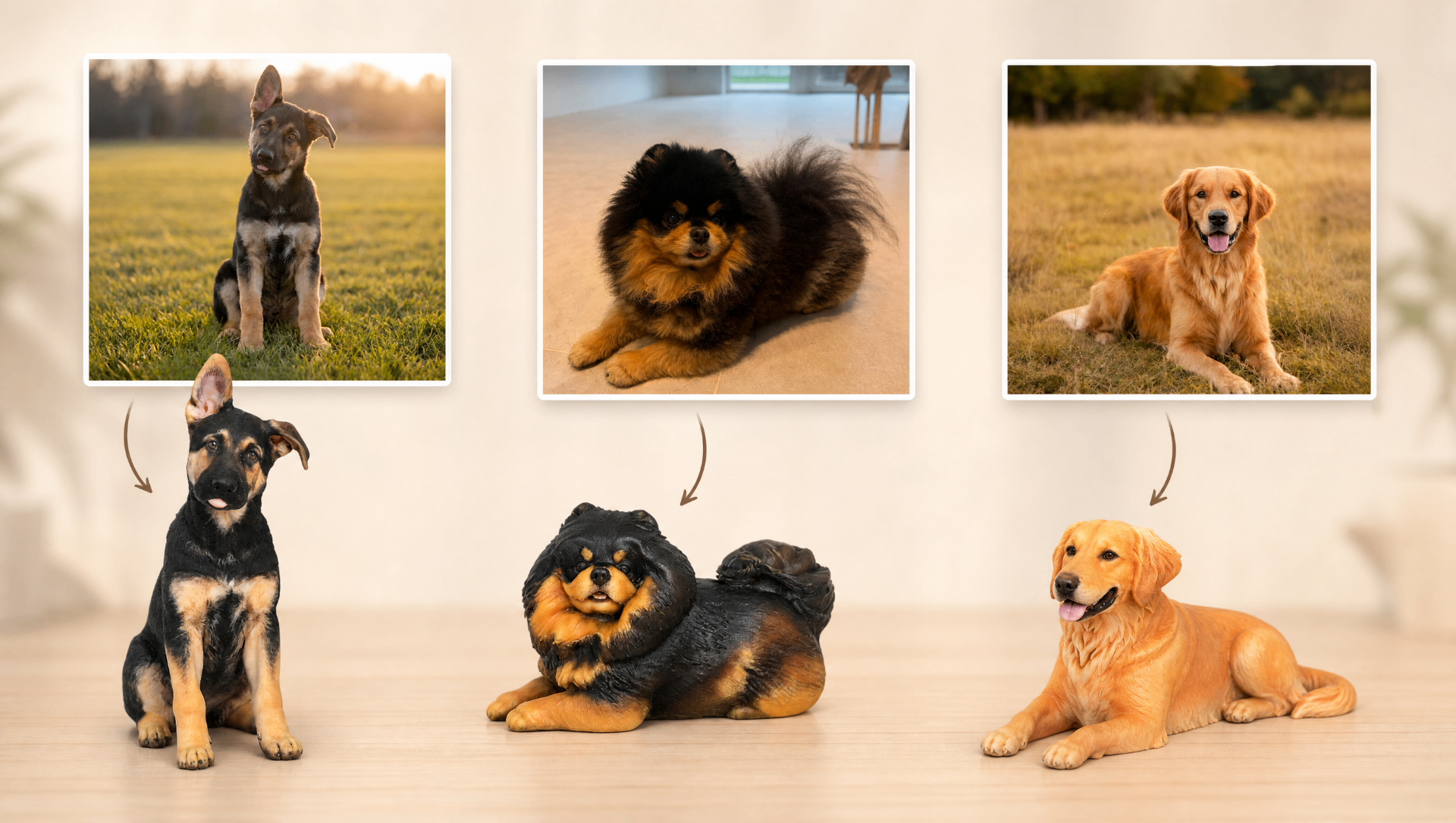 Drie voorbeelden van foto's van honden naast hun 3D-geprinte figurines